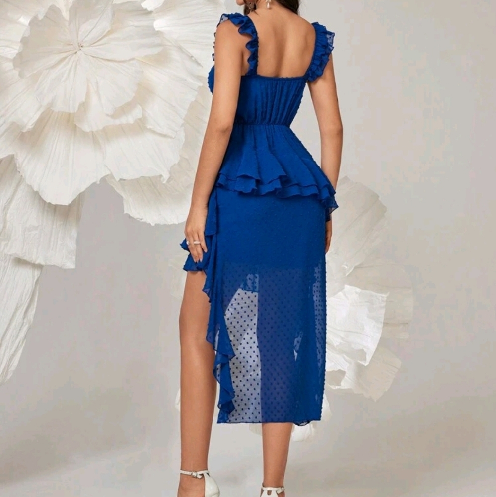 Women 3D Floral Decor Ruffle Trim Cocktail Party Evening Dress - Picture 3 of 4